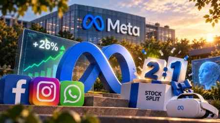 Pendapatan Meta Naik 26%, Umumkan Stock Split 2:1 Ilustrasi logo Meta dan pemecahan saham 2:1, menggambarkan pertumbuhan pendapatan serta ekspansi bisnis AI.