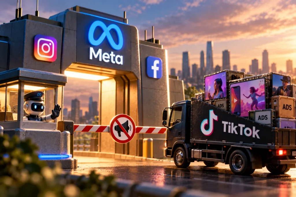 Meta Blokir Iklan TikTok di Instagram dan Facebook - Blog Nanovest Ilustrasi truk pengangkut iklan TikTok tertahan di gerbang Meta yang menampilkan logo Instagram dan Facebook, menggambarkan kebijakan pemblokiran iklan ByteDance di tujuh negara, termasuk Indonesia.