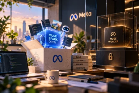 Meta Rilis Muse Spark Open, Model AI Terbaik Tetap Tertutup - Blog Nanovest Ilustrasi dua model AI Meta, Muse Spark Open dalam kotak terbuka dengan elemen pemrograman dan robot AI, serta Muse Wonder dalam kotak kaca terkunci, menggambarkan strategi Meta menghadirkan AI terbuka sambil mempertahankan model tercanggihnya sebagai teknologi tertutup.