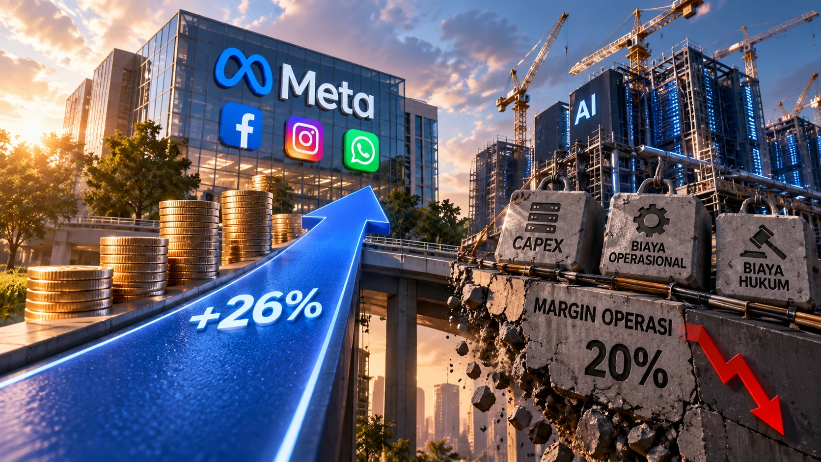 Ilustrasi pendapatan Meta yang meningkat 26%, sementara lonjakan biaya operasional, hukum, dan investasi AI menekan margin perusahaan.