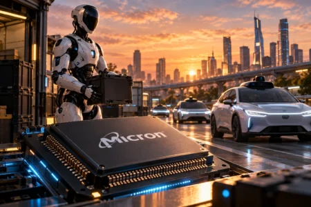 Micron Lirik Robot Humanoid sebagai Mesin Pertumbuhan Baru Futuristic humanoid robot holding a Micron storage module beside a server rack, with a sunset city skyline and autonomous cars in the background.