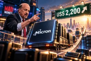 Ilustrasi Jim Cramer menyoroti chip Micron yang melaju menuju target harga US$2.200, menggambarkan optimisme terhadap pertumbuhan saham MU berkat lonjakan permintaan memory chip untuk infrastruktur AI.