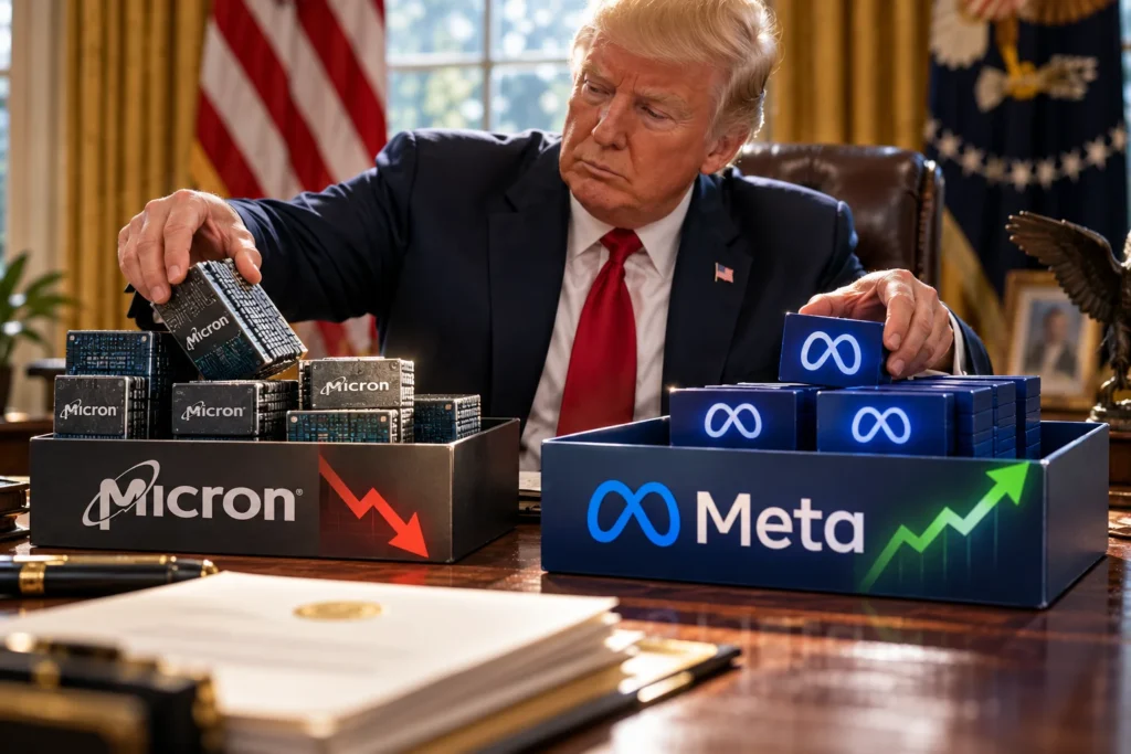 Akun Investasi Trump Jual Micron, Borong Saham Meta - Blog Nanovest Ilustrasi Donald Trump dengan saham Micron dan Meta, menggambarkan transaksi akun investasinya yang menjual saham Micron dan menambah kepemilikan Meta di tengah perkembangan industri AI.