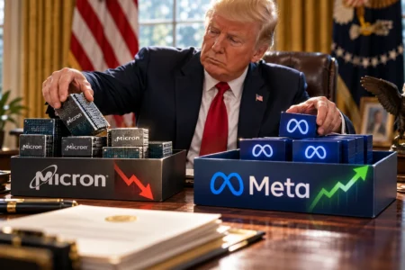 Akun Investasi Trump Jual Micron, Borong Saham Meta Ilustrasi Donald Trump dengan saham Micron dan Meta, menggambarkan transaksi akun investasinya yang menjual saham Micron dan menambah kepemilikan Meta di tengah perkembangan industri AI.