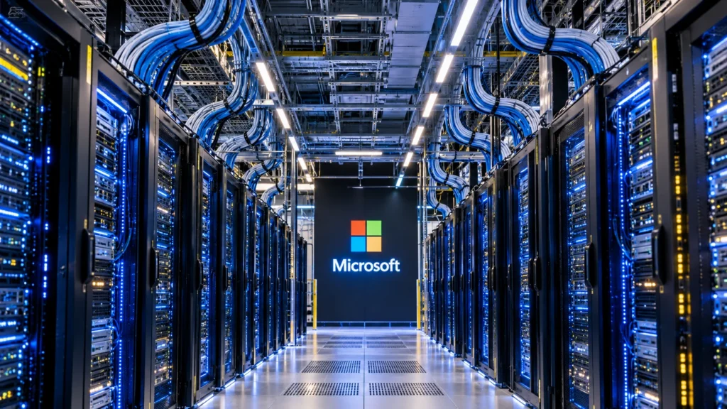 Deretan server di pusat data modern untuk mendukung layanan Microsoft Azure dan kecerdasan buatan.