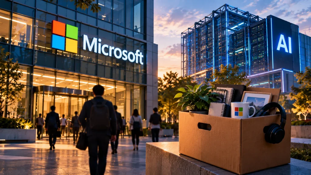 Microsoft Tawarkan Pengunduran Diri ke 60.000 Karyawan - Blog Nanovest Ilustrasi kantor Microsoft dengan kotak barang karyawan dan pusat data AI, menggambarkan program pengunduran diri sukarela di tengah ekspansi AI.
