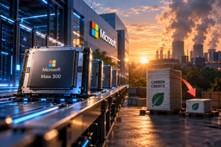 Microsoft Percepat Chip AI, Pangkas Pembelian Kredit Karbon Ilustrasi chip Microsoft Maia 300 di pusat data AI dengan latar pembangkit listrik dan tumpukan kredit karbon yang menyusut, menggambarkan ekspansi chip AI Microsoft sekaligus pengurangan pembelian kredit penghapusan karbon.