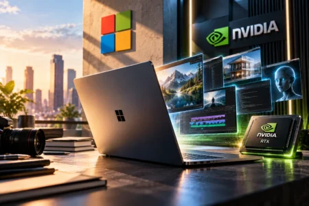 Microsoft Rilis Surface Laptop Ultra dengan Chip Nvidia - Blog Nanovest Ilustrasi Surface Laptop Ultra Microsoft dengan chip Nvidia RTX Spark, menampilkan logo kedua perusahaan serta kemampuan AI untuk desain, pemrograman, dan pekerjaan kreatif langsung di perangkat.