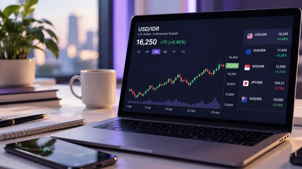 Ilustrasi layar laptop menampilkan grafik nilai tukar USD/IDR dan pergerakan kurs rupiah terhadap dolar AS di meja kerja modern.