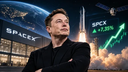 Man in a dark blazer stands with arms crossed in front of a SpaceX facility, rocket launch behind him, Earth visible and a rising stock chart glowing in the background.