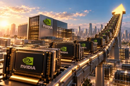 Nvidia Prediksi Penjualan Chip Naik 2x Lipat pada 2027 - Blog Nanovest Ilustrasi deretan chip Nvidia bergerak naik menuju pusat data AI, menggambarkan proyeksi penjualan chip yang berpotensi meningkat dua kali lipat pada 2027 seiring kuatnya permintaan infrastruktur AI.
