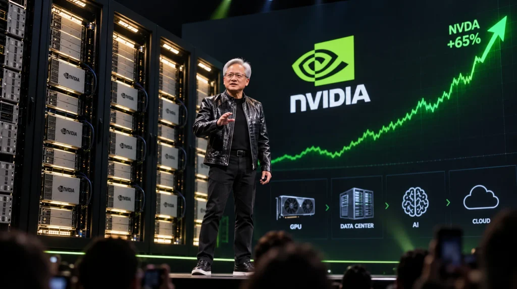Jensen Huang memperkenalkan teknologi komputasi NVIDIA. Pengembangan infrastruktur AI menjadi salah satu fokus bisnis perusahaan.
