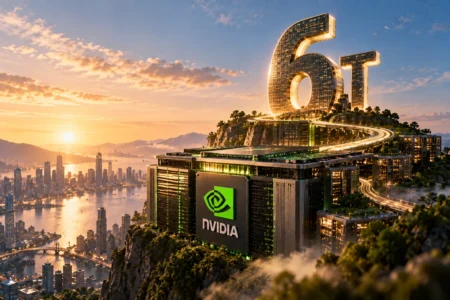 Nvidia Tembus Rekor Baru, Valuasi Dekati US Triliun - Blog Nanovest Ilustrasi chip Nvidia di puncak lanskap teknologi dengan jalur menuju simbol US$6 triliun, menggambarkan rekor baru saham NVDA dan kapitalisasi pasar yang semakin mendekati US$6 triliun.