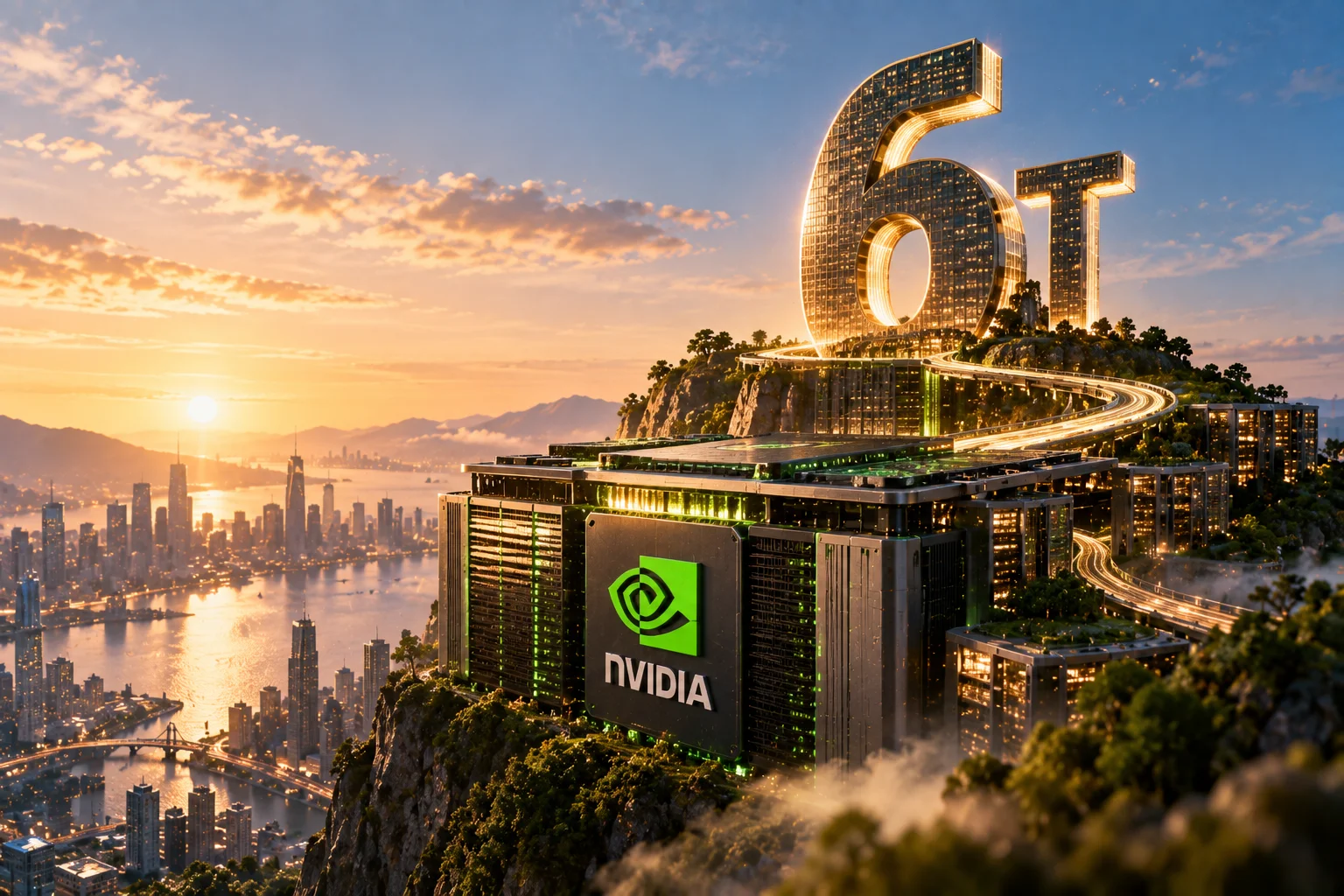 Ilustrasi chip Nvidia di puncak lanskap teknologi dengan jalur menuju simbol US$6 triliun, menggambarkan rekor baru saham NVDA dan kapitalisasi pasar yang semakin mendekati US$6 triliun.