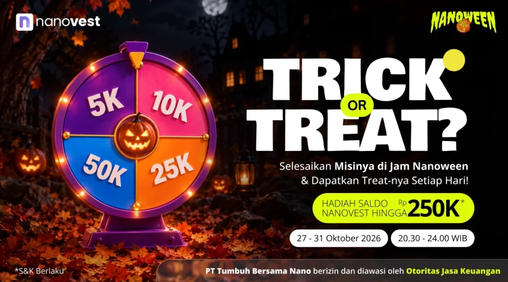 Nanoween - Payday - Web Banner 1 - Blog Nanovest Spinner prize wheel with colored segments (5K, 10K, 25K, 50K) on a Halloween-themed promo banner saying Trick or Treat? by Nanovest/Nanoween.
