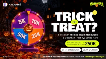 NANOWEEN TRICK OR TREAT Spinner prize wheel with colored segments (5K, 10K, 25K, 50K) on a Halloween-themed promo banner saying Trick or Treat? by Nanovest/Nanoween.
