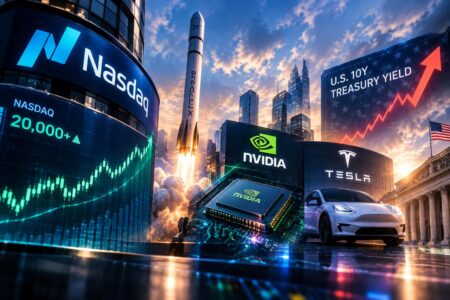 Nasdaq Cetak Rekor Tertinggi Baru Saham AI Melesat Meski Yield Obligasi Terus Naik - Blog Nanovest Futuristic financial cityscape with Nasdaq sign, rocket launch, and Nvidia/Tesla branding on digital billboards and a white car in foreground.