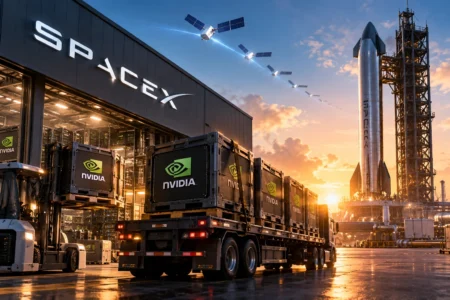 SpaceX Bidik Chip Nvidia, Siapkan Utang US Miliar - Blog Nanovest Ilustrasi truk mengangkut chip Nvidia menuju fasilitas data center SpaceX, dengan roket Starship dan satelit Starlink di latar belakang, menggambarkan rencana pembiayaan utang US$40 miliar untuk ekspansi infrastruktur AI.