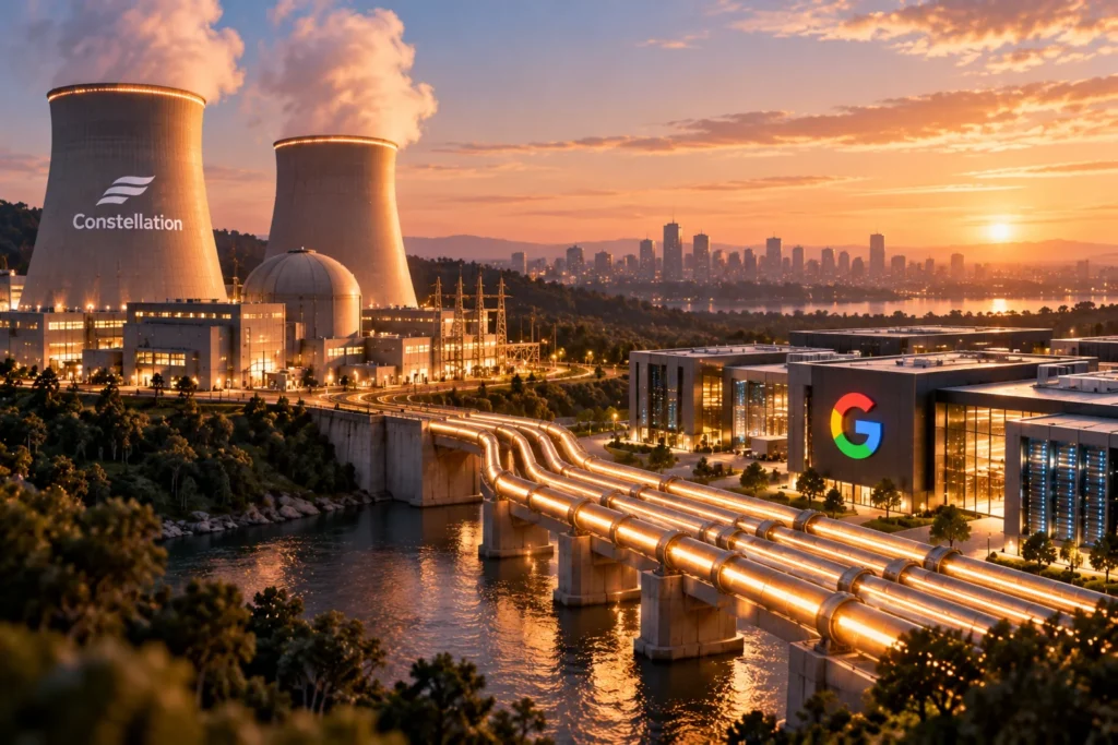 Google dan Constellation Amankan 3,6 GW Listrik untuk Ekspansi AI - Blog Nanovest Ilustrasi pembangkit nuklir Constellation yang terhubung dengan data center Google, menggambarkan kesepakatan pasokan listrik 3,6 GW untuk mendukung ekspansi infrastruktur AI.