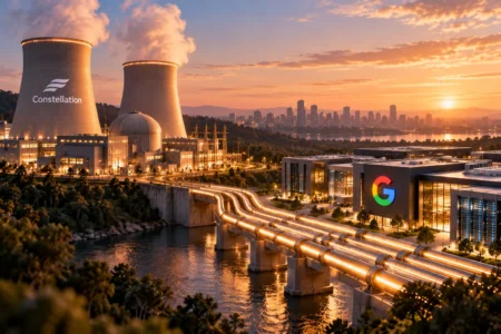 Google dan Constellation Amankan 3,6 GW Listrik untuk Ekspansi AI - Blog Nanovest Ilustrasi pembangkit nuklir Constellation yang terhubung dengan data center Google, menggambarkan kesepakatan pasokan listrik 3,6 GW untuk mendukung ekspansi infrastruktur AI.
