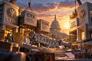 Ilustrasi CFTC dan SEC membangun kerangka regulasi kripto baru di depan Capitol AS, dengan reruntuhan CLARITY Act dan aset kripto, menggambarkan pergeseran aturan kripto dari Kongres ke regulator.