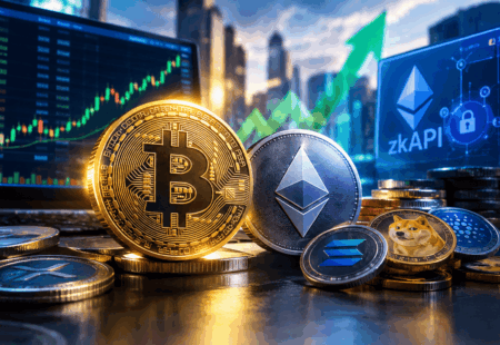 Gold Bitcoin and silver Ethereum coins on a trading desk with a computer screen showing price charts in the background.