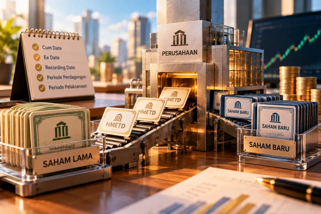 Ilustrasi mekanisme right issue seperti jalur produksi, memperlihatkan HMETD yang digunakan untuk memperoleh saham baru, dilengkapi jadwal aksi korporasi dan elemen investasi saham.