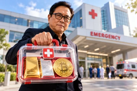 Robert Kiyosaki holds a case containing gold silver and Bitcoin outside a hospital - Blog Nanovest Robert Kiyosaki memegang kotak berisi emas, perak, dan Bitcoin di depan rumah sakit