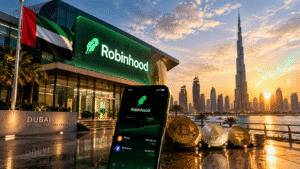 Ilustrasi gedung pencakar langit Dubai dengan ikon grafik saham dan logo kripto, merepresentasikan ekspansi Robinhood ke pasar Timur Tengah.