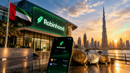 Ilustrasi gedung pencakar langit Dubai dengan ikon grafik saham dan logo kripto, merepresentasikan ekspansi Robinhood ke pasar Timur Tengah.