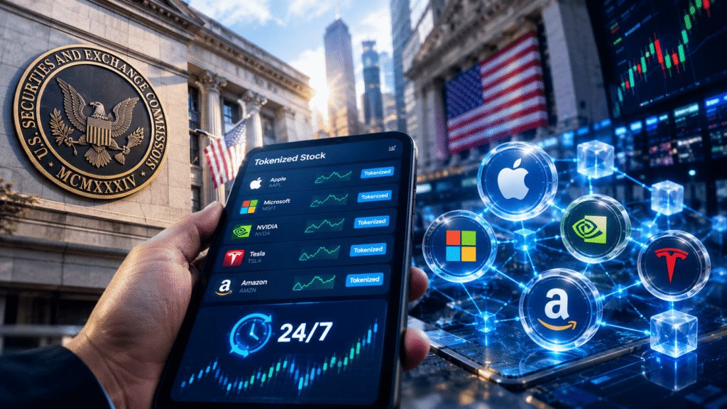 SEC Izinkan Tokenized Stocks 24_7- Era Baru Saham AS di Blockchain - Blog Nanovest Ilustrasi digital tokenized stocks SEC dan integrasi bursa OKX