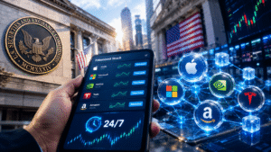 Ilustrasi digital tokenized stocks SEC dan integrasi bursa OKX