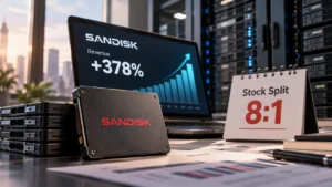 Ilustrasi SSD Sandisk dengan grafik pertumbuhan pendapatan 378% dan pengumuman stock split 8:1, berlatar infrastruktur pusat data AI.