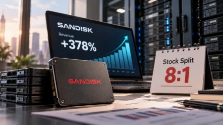 Pendapatan Sandisk Melonjak 378%, Umumkan Stock Split 8:1 - Blog Nanovest Ilustrasi SSD Sandisk dengan grafik pertumbuhan pendapatan 378% dan pengumuman stock split 8:1, berlatar infrastruktur pusat data AI.