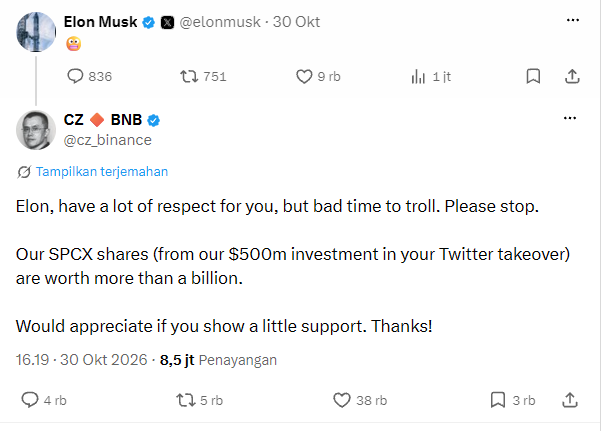 Percakapan Elon Musk dan Changpeng Zhao (CZ) di platform X terkait insiden keamanan Binance dan investasi SpaceX - Blog Nanovest Percakapan Elon Musk dan Changpeng Zhao (CZ) di platform X terkait insiden keamanan Binance dan investasi SpaceX