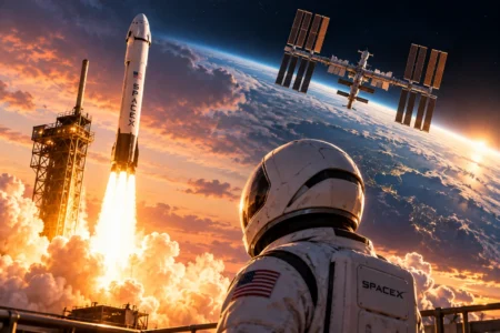 SpaceX Luncurkan Crew-13 ke ISS, Dragon Tetap Jadi Andalan NASA Ilustrasi roket Falcon 9 dan kapsul Crew Dragon SpaceX meluncur membawa astronaut menuju ISS, menggambarkan keberhasilan misi Crew-13 sekaligus peran Dragon sebagai andalan NASA untuk penerbangan berawak.