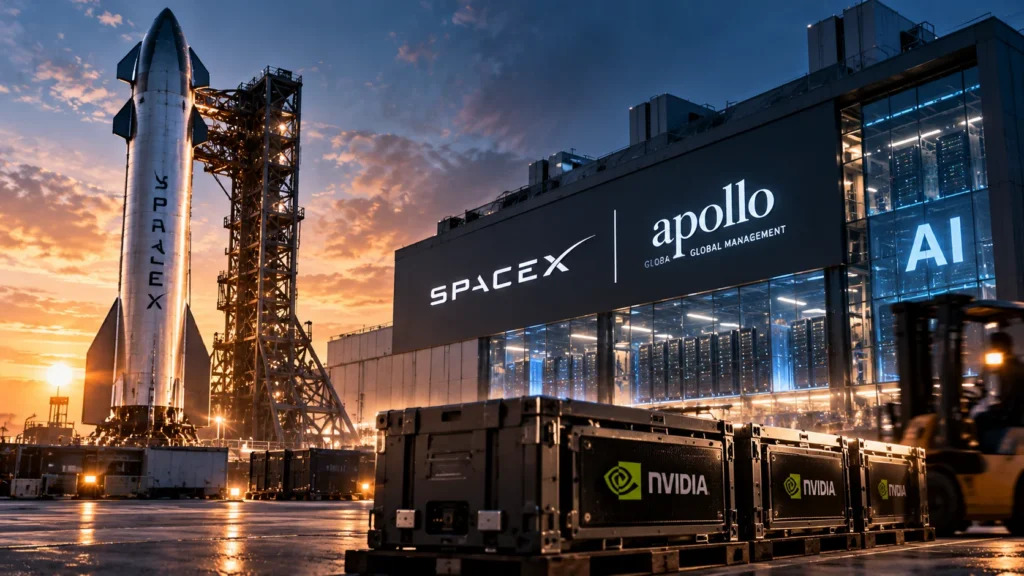 SpaceX Gandeng Apollo, Danai Chip AI US Miliar - Blog Nanovest Ilustrasi roket SpaceX, pusat data AI, dan GPU Nvidia yang menggambarkan kerja sama pembiayaan US$40 miliar antara SpaceX dan Apollo untuk ekspansi infrastruktur AI.