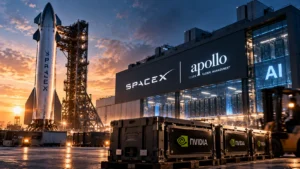Ilustrasi roket SpaceX, pusat data AI, dan GPU Nvidia yang menggambarkan kerja sama pembiayaan US$40 miliar antara SpaceX dan Apollo untuk ekspansi infrastruktur AI.
