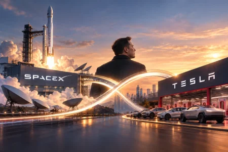 Laba SpaceX Melonjak, Musk Bahas Merger dengan Tesla Ilustrasi Elon Musk di antara SpaceX dan Tesla, menggambarkan lonjakan laba SpaceX serta pembahasan potensi merger kedua perusahaan.