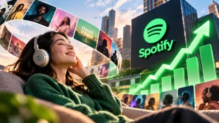 Saham Spotify Naik 11%, Pelanggan Premium Lampaui Target Ilustrasi pengguna menikmati musik Spotify dengan grafik saham yang meningkat, menggambarkan lonjakan saham SPOT dan pertumbuhan pelanggan premium.