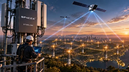 SpaceX Incar 80.000 Menara Seluler untuk Ekspansi Starlink Ilustrasi jaringan menara seluler dan satelit Starlink, menggambarkan rencana ekspansi SpaceX membangun jaringan telekomunikasi nasional di AS.