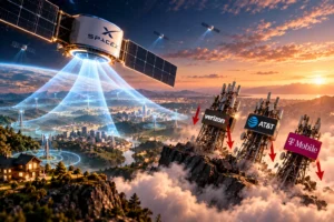 Ilustrasi satelit SpaceX memperluas jangkauan sinyal Starlink Mobile, sementara menara Verizon, AT&T, dan T-Mobile tampak tertekan, menggambarkan persaingan telekomunikasi AS setelah ekspansi spektrum SpaceX.