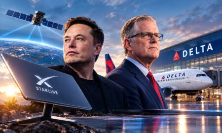 Starlink Wars CEO Delta Sebut Musk Buruk Elon Balas dengan Ancaman Pemecatan - Blog Nanovest Two businessmen in suits stand back-to-back on a tarmac with a Delta airplane and a Starlink dish in the foreground.