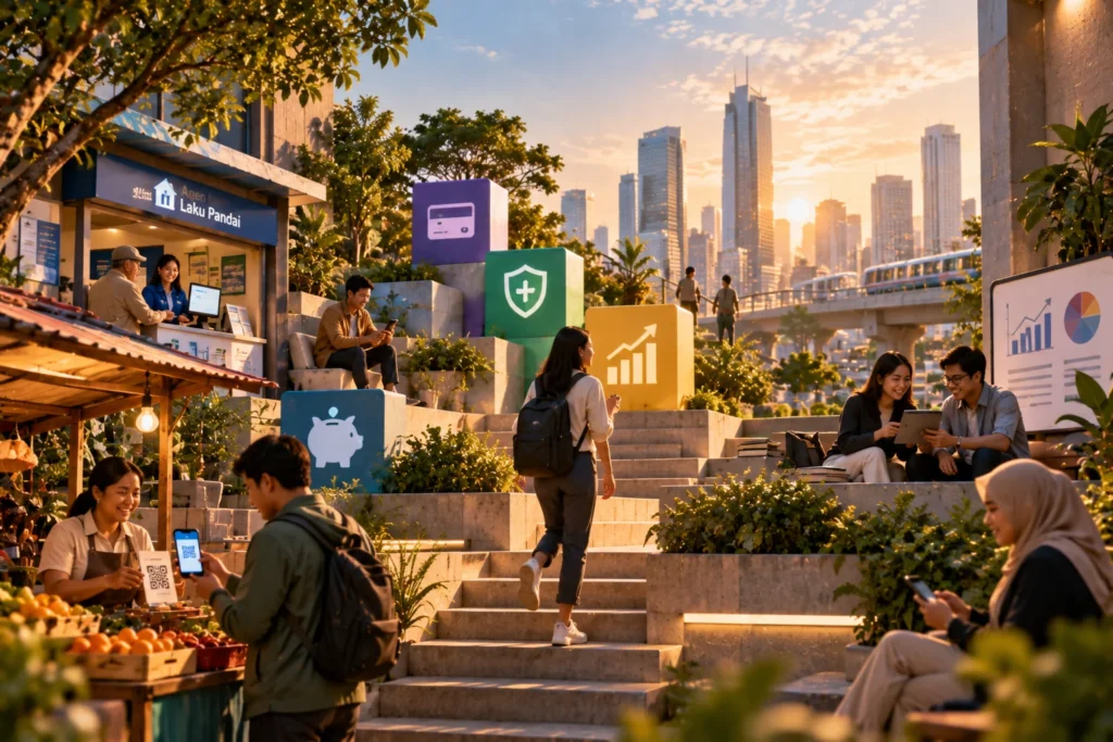 People relax and work in a terraced urban garden with colorful blocks and a city skyline at sunset.