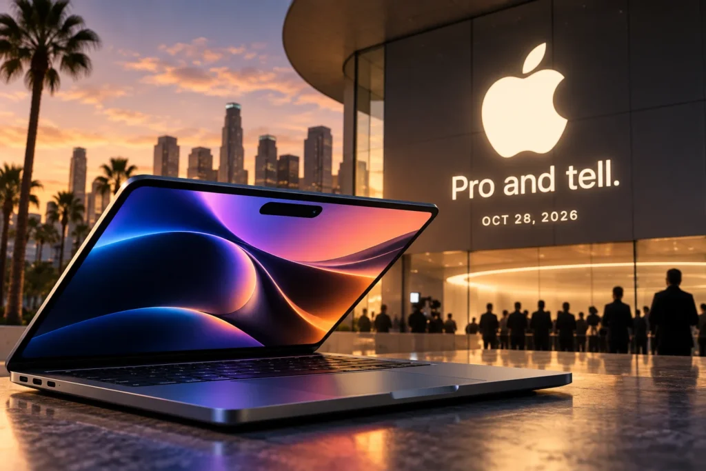 Apple Gelar Event 28 Oktober, MacBook Sentuh Segera Hadir? - Blog Nanovest Ilustrasi MacBook Pro dengan layar OLED di depan lokasi event Apple “Pro and tell” pada 28 Oktober 2026, menjelang potensi peluncuran MacBook layar sentuh pertama.