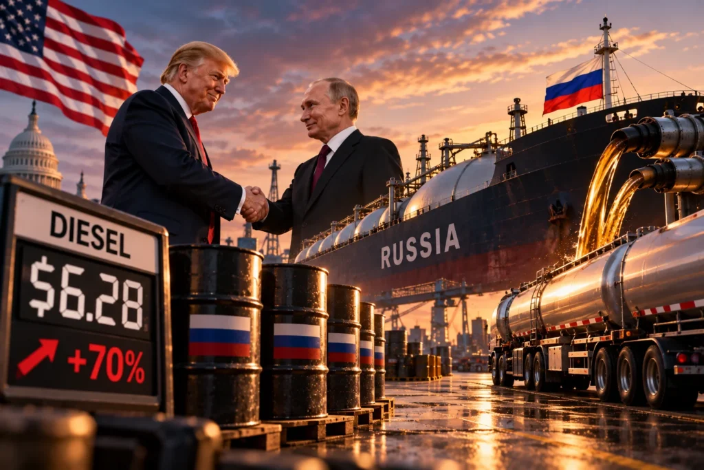 Trump Buka Impor Solar Rusia demi Tekan Harga Solar - Blog Nanovest Ilustrasi Donald Trump dan Vladimir Putin berjabat tangan di pelabuhan energi dengan kapal tanker dan pasokan solar Rusia, menggambarkan kesepakatan impor untuk meredakan tekanan harga bahan bakar di AS.