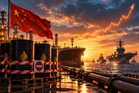 Ilustrasi kilang dan barel minyak China yang dibatasi untuk ekspor, berlatar kapal tanker dan armada militer AS, menggambarkan lonjakan harga minyak akibat tekanan pasokan dan meningkatnya risiko geopolitik.
