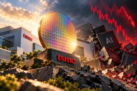 Laba TSMC Naik 69%, Saham Terseret Sell-Off Chip - Blog Nanovest Ilustrasi wafer semikonduktor TSMC yang tetap bersinar di tengah tekanan aksi jual saham chip AI, menggambarkan kontras antara rekor pertumbuhan laba TSMC dan sentimen negatif industri semikonduktor global.