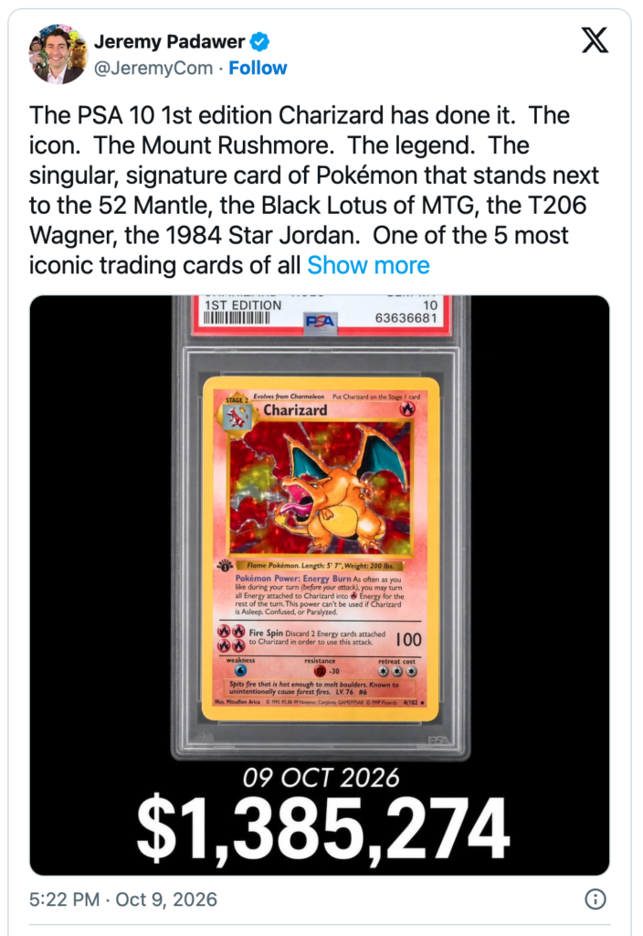 Kartu pokemon terjual 1 juta+ usd 2026 - Blog Nanovest PSA 10 1st edition Charizard