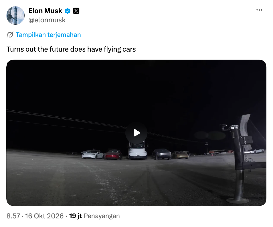 Tangkapan Layar 2026-10-16 pukul 160635 - Blog Nanovest Screenshot tweet Elon Musk tentang Tesla Roadster terbang, Oktober 2026